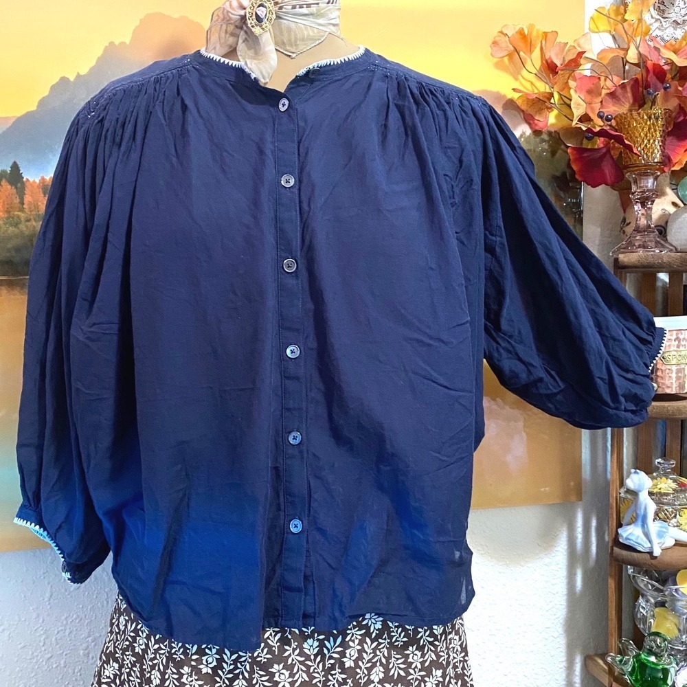 Madewell Blouse Boho Cottage Peasant Top Women L Navy Pleated Button Front